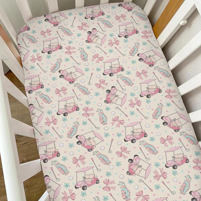 Girly Golf Stripes Bows Floral Baby Crib Sheets for Girls Pastel Pink Golfing Soft Snug Fitted Crib Mattress Covers for 52''x28'' Standard Crib & Toddler Mattress Preppy Girl Sports Nursery Bed Sheets