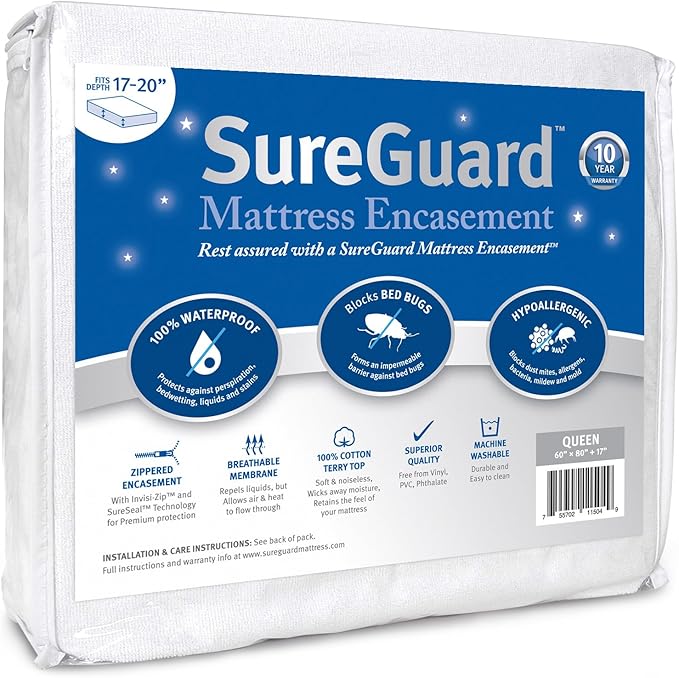 Queen (17-20 in. Deep) SureGuard Mattress Encasement - 100% Waterproof, Bed Bug Proof, Hypoallergenic - Premium Zippered Six-Sided Cover