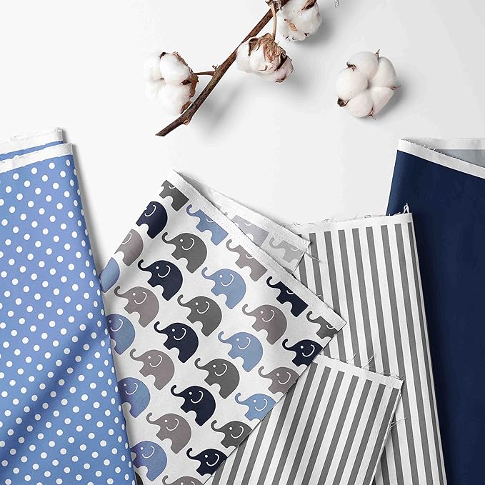 Bacati - Elephants Blue/Grey 4 Pc Toddler Bedding Set 100 Percent Cotton Includes Reversible Comforter, Fitted Sheet, Top Sheet, and Pillow Case for Boys