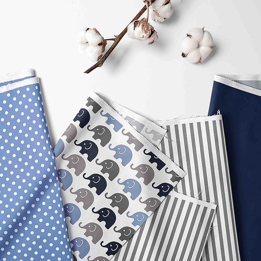 Bacati - Elephants Blue/Grey 4 Pc Toddler Bedding Set 100 Percent Cotton Includes Reversible Comforter, Fitted Sheet, Top Sheet, and Pillow Case for Boys
