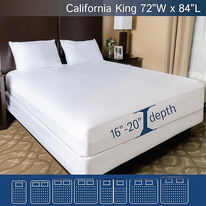 California King Mattress Protector Bedbug Waterproof Zippered Cover - Deep Pocket Fits up to 20" Depth - Hypoallergenic Premium Quality Encasement Protects Against Dust White