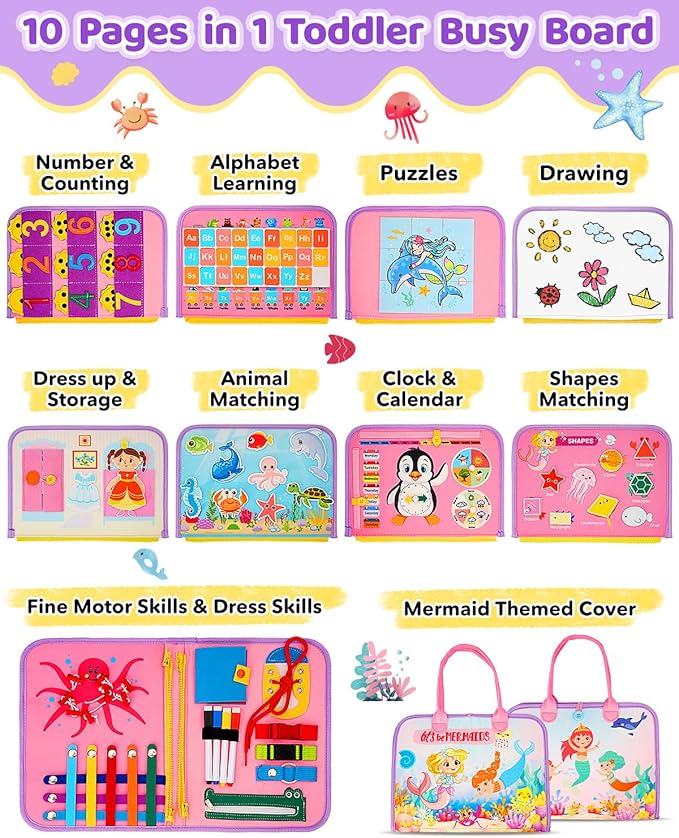 Toddler Busy Board, Montessori Toys for Toddler Girl Birthday Gifts, Learning Toys Sensory Busy Book Toys for Toddlers, Travel Educational Book for Airplane Car | Birthday Gift for Girls, Pink