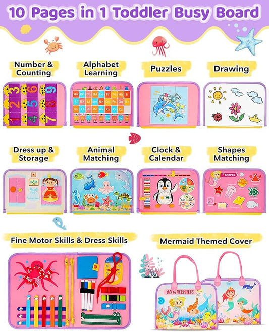 Toddler Busy Board, Montessori Toys for Toddler Girl Birthday Gifts, Learning Toys Sensory Busy Book Toys for Toddlers, Travel Educational Book for Airplane Car | Birthday Gift for Girls, Pink