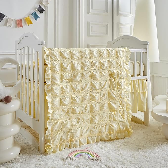 Ruffled Crib Bedding Set Baby Boho Quilted Comforter with Fitted Sheet and Bed Skirt - Cute Soft Breathable Seersucker Ruffled Shabby Chic Bedding Soft Blanket Design - Yellow