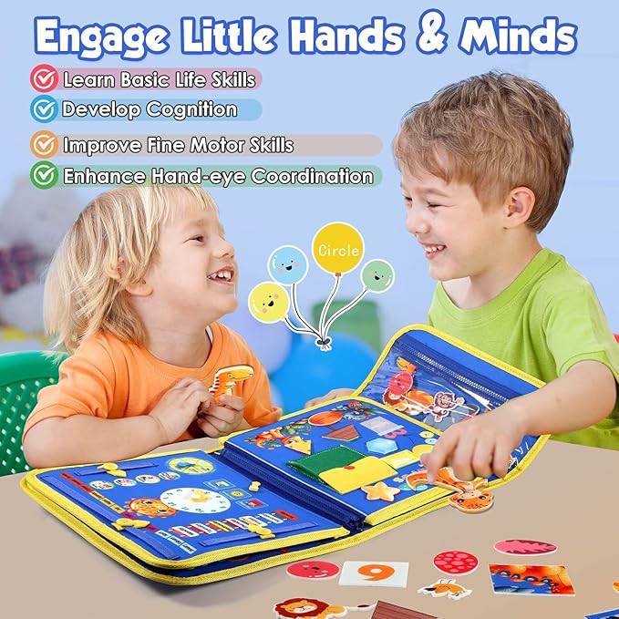 FREYBLI Toddler Busy Board, Montessori Toys for Boy Birthday Gift, Educational Quiet Activity Busy Book for Toddlers, Travel Toys for Airplane Car