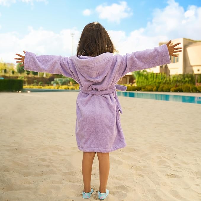 BAGNO MILANO Kids Organic Turkish Cotton Hooded Beach Cover-Up Towel, GOTS Certified, for Boys and Girls (Purple, 9-11 Years)