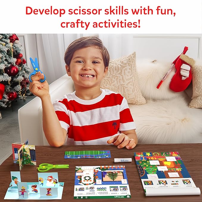 Skillmatics Scissor Skills Activity Book - Snip Snip Christmas, 25 Fun Cutting & Creative Activities for Preschoolers, 2 Child-Safe Scissors, Felt Craft Kit, Gifts for Kids Ages 3, 4, 5, 6, 7