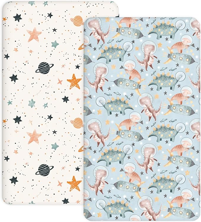 Crib Sheets for Boys and Girls, 2 Pack Fitted Baby Sheets for Standard Toddler Mattress 28" x 52", Soft Breathable Jersey Knit Baby Bedding (Cosmic Dinos)