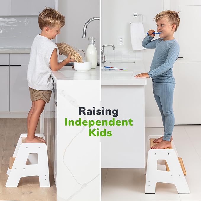 OCODILE 2-Step Wooden Step Stool for Toddlers | Kids Stool for Bathroom Sink & Kitchen Use | Non-Slip Step | Wooden Stool for Children Ages 2+ Years White