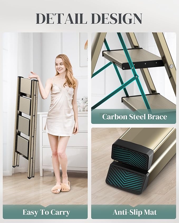GameGem 4 Step Ladder, Folding Step Stool with Wider Pedal, Anti-Slip Feet & Non Slip Stripes, Aluminum Sturdy Material, 300Lbs Capacity, Elegant Look of Champagne Gold Better Matches Your Home