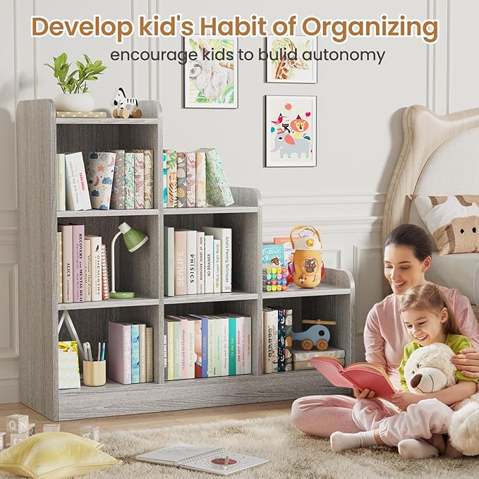 Derfullo Book Shelf, 6-Cube Toy Organizers and Storage, Small Open Floor Montessori Bookcase for Kids Room, Bedroom and Playroom, 35.4" W x 11.8" D x 31.5" H, Grey