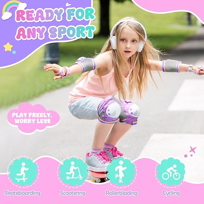 Knee Pads for Kids - ZOOBLISS Toddler Knee and Elbow Pads Set Wrist Guards for Skating Girls Aged 3-12, Kids Protective Gear for Roller Skates Skateboard Bike Scooter, Included Drawstring Bag(Rainbow)