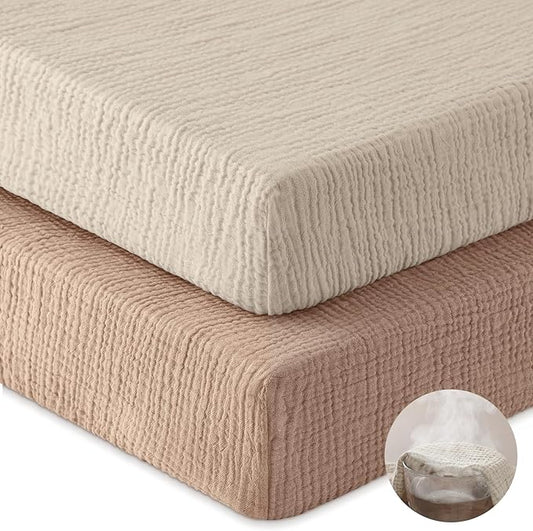 Muslin Crib Sheets for Boys Girls, 100% Cotton Fitted Crib Sheet 2 Pack for Standard Crib and Toddler Mattress, Breathable Soft Baby Sheet 28x52x8in Beige & Brown