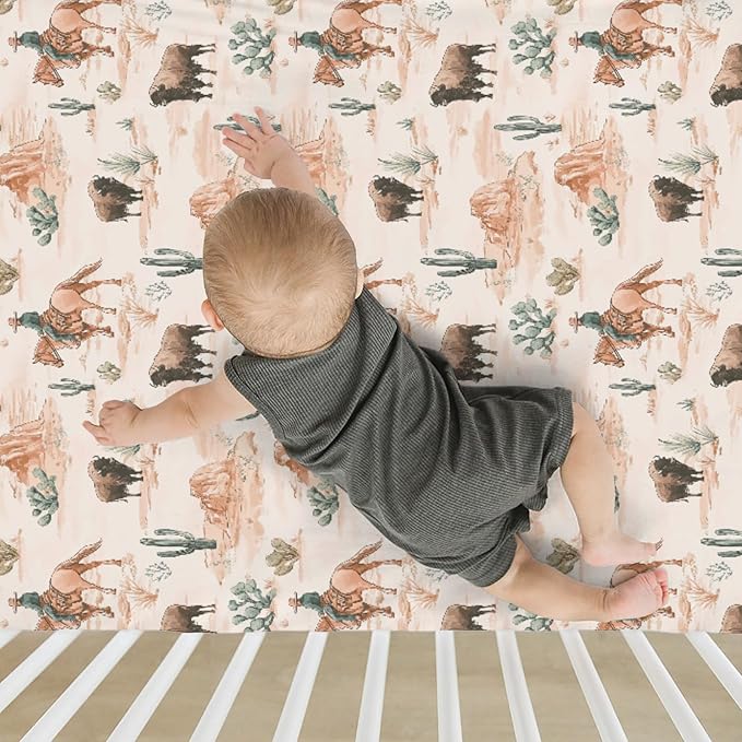 Vintage Cowboy Buffalo Baby Crib Sheets for Boy Girl 52x28Inch Retro Bison Cactus Soft Stretchy Fitted Crib Mattress Cover Western Desert Baby Sheet for Standard Crib and Toddler Bed Mattress