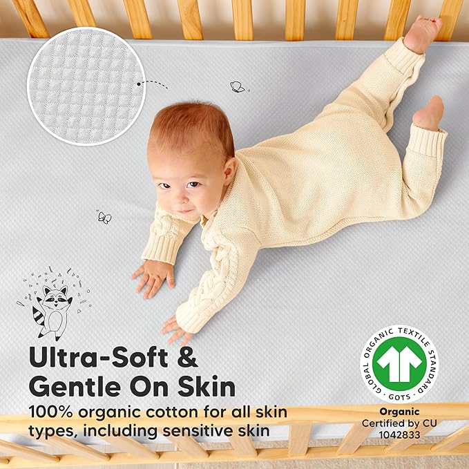 2-Pack Waterproof Crib Mattress Protector Cover Fitted - Quiet Baby Crib Mattress Pad Sheets, 52" x 28" Soft Quilted Cotton Baby Sheet, Machine Washable, Easy Fit, Durable (Pearl Gray/Quin)