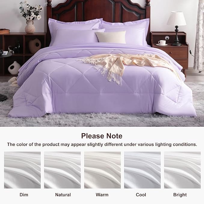 NTBAY Queen Comforter Set with Sheets, 7 Pieces Soft and Breathable Queen Bedding Set, Bed in a Bag, Down Alternative Comforter Set Solid Color All Season, Queen Bedding Set, Light Purple