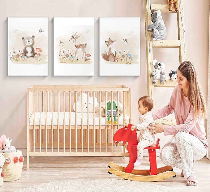 MIZILI Woodland Animal Nursery Canvas Wall Art Wild Watercolor Animals Paintings Pictures Wall Decor Fox Bear Deer Poster Printing Artwork for Boys Room Girls Room Home Decoration