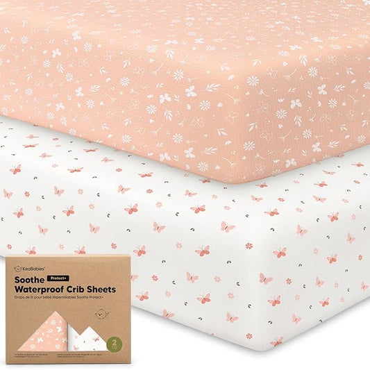 2-Pack Waterproof Crib Sheets for Girl, Boy - Organic Cotton 52X28 Fitted Crib Sheets Neutral, Crib Mattress Protector Sheets, Soft Toddler Bed Sheets, Washable Infant Baby Crib Sheets (Butterflies)