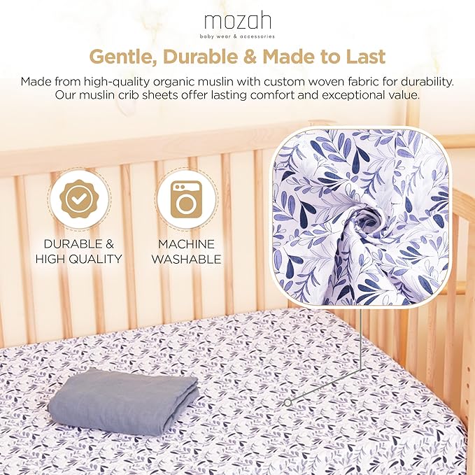 MOZAH Organic Muslin Crib Sheets, Soft and Breathable Bedding for Baby Girls or Boys, Snug Fitted Sheet for Standard Cribs & Toddler Mattresses, 2 Pack, Blue and Blue Leaves