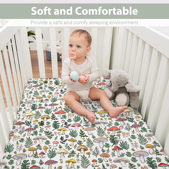 Colorful Mushrooms Green Leaves Baby Crib Sheets for Boy Girl 28"x52" Fall Mushroom Soft Stretchy Fitted Crib Mattress Cover Autumn Baby Sheet for Standard Crib & Toddler Mattress Pad
