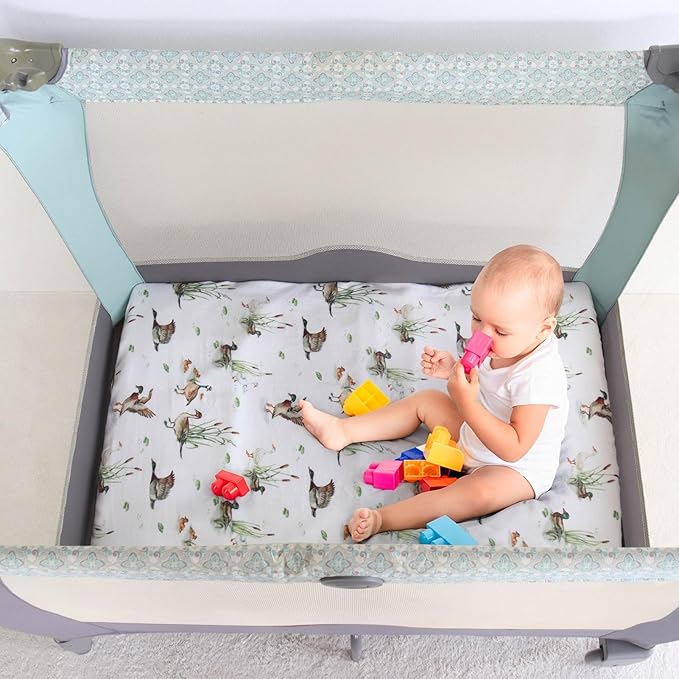 LifeTree Pack and Play Sheets Fitted for Baby, 38" x 26" x 2" Muslin Playard Mattress Pad Cover,70% Viscose from Bamboo and 30% Cotton, Mallard Duck Pattern