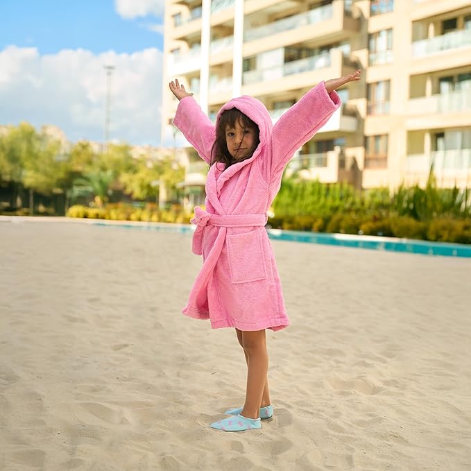 BAGNO MILANO Kids Organic Turkish Cotton Hooded Beach Cover-Up Towel, GOTS Certified, for Boys and Girls (Pink, 3-4 Years)