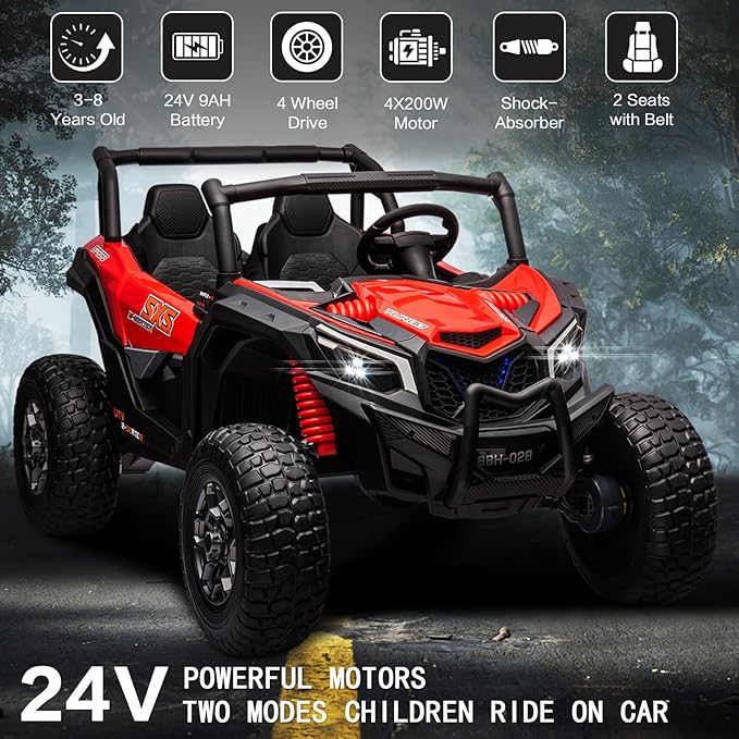 MOLACHI 2 Adjustable Seater Kids Ride on Car Truck, 24V Children Electric Cars, 4WD Soft Start Kid Remote Control Vehicle with EVA Wheels, 3 Speeds,4 Shock Absorbers, Bluetooth, Music & Horn -RED