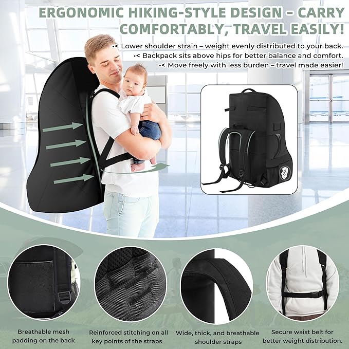 DerBiedersinn Car Seat Travel Bag for Airplane – Waterproof Heavy Duty Carseat Backpack for Gate Check or Airport Travel – Fits Infant, Convertible & Booster Seats, Black