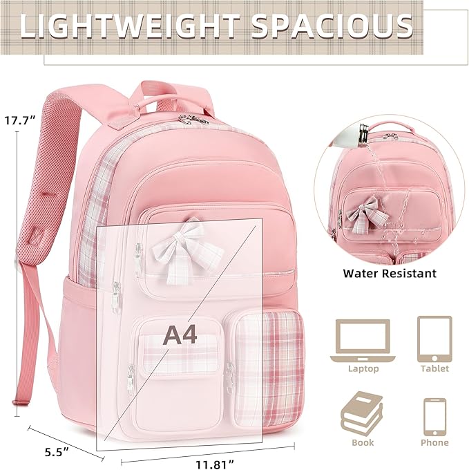 KIDNUO Backpack for Girls,School Backpacks for Teen,Cute College Bags for Women Students Large Bookbag 15.6 Inch Laptop Bag Back Pack Kids Kindergarten Elementary Casual Travel Daypacks Pink