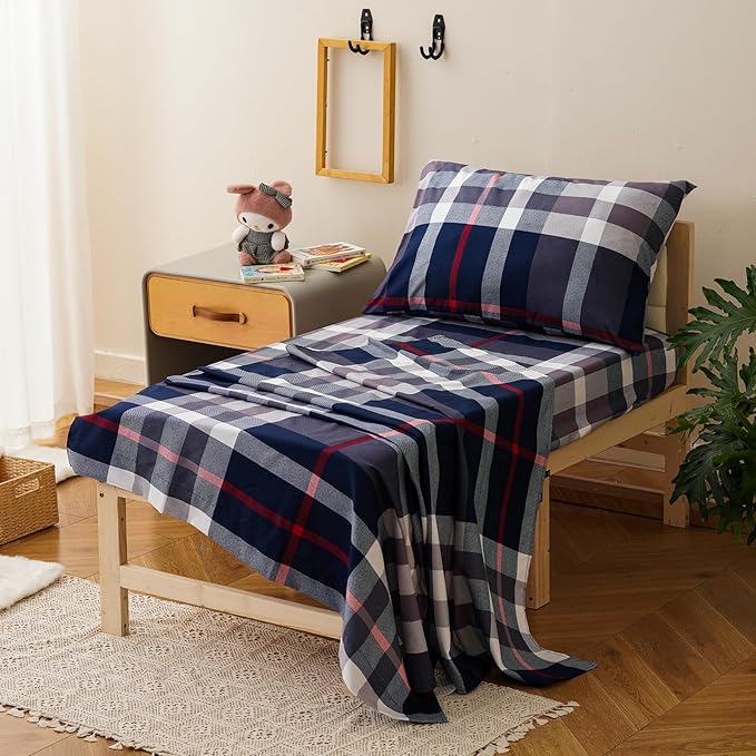 KAREVER Checkered Toddler Bedding Set Navy Blue White Grid 4 Pieces Crib Bed Set Kids Pliad Comforter Set