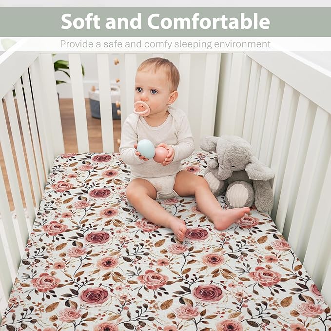 Vintage Wild Flowers Baby Crib Sheets for Boy Girl 52"x28" Retro Plant Soft Stretchy Fitted Crib Mattress Cover Spring Summer Baby Sheet for Standard Crib & Toddler Mattress Pad