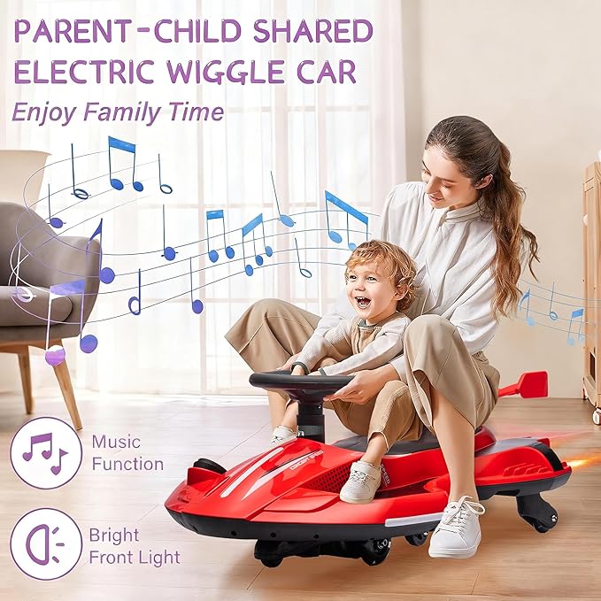 12V Electric Wiggle Car with Pedal for Kids, Rechargeable 2 in 1 Swing Car, Drifting Ride On Toys with Backrest, Anti-Rollover, Spray, Flashing Light, Music, for Ages 3 and Up