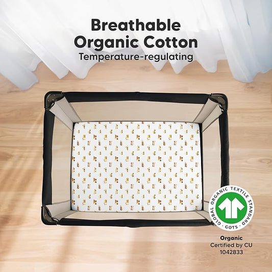 2-Pack Mini Crib Sheets Fitted - 38x26 Pack N Play Sheets for Pack and Play Mattress, Organic Cotton, Soft & Breathable Playard Bedding, Neutral Mini Toddler Bed Cover for Boys, Girls (Construction)