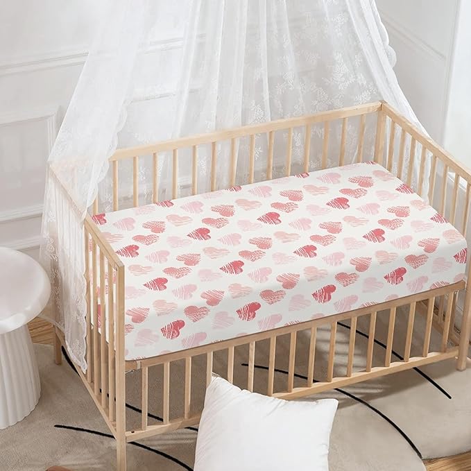 Pink Hearts Fitted Crib Sheet Line Heart Baby Crib Sheet Fit Standard Crib and Toddler Mattress,Crib Mattress Sheets for Boys Girls 28"x52"