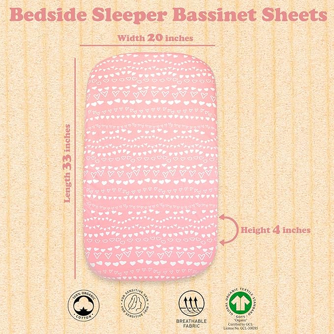 4 Pack Organic Bedside Bassinet Sheets Compatible with Mika Micky, Baby Delight, Dream On Me, AMKE and Other Bassinet Mattress Pads Size Between 17-21 in Width, 29-33 in Length, and 1.5-4 in Thick