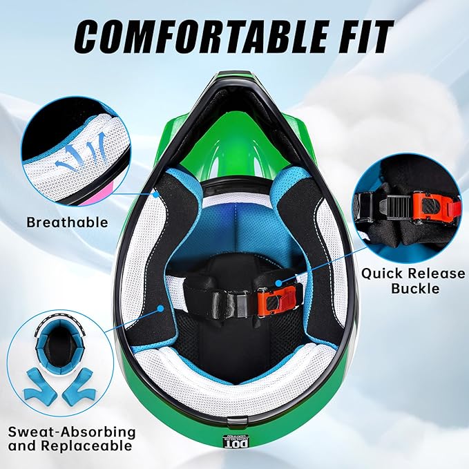 Youth Dirt Bike Helmet DOT Certified - Full Face Motorcycle Helmet for Off-Road, ATV, Street Riding, Includes Adjustable Goggles & Protective Gloves