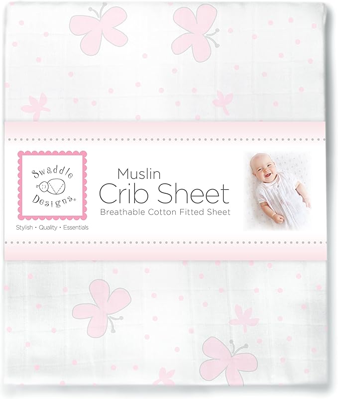 SwaddleDesigns Softest Cotton Muslin Fitted Crib Sheet, Toddler Sheet for Boys & Girls, Fits Standard Crib Mattress (28 x 52 inches), Pink Butterflies