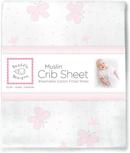 SwaddleDesigns Softest Cotton Muslin Fitted Crib Sheet, Toddler Sheet for Boys & Girls, Fits Standard Crib Mattress (28 x 52 inches), Pink Butterflies