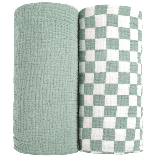 lulumoon Muslin Swaddle Blankets for Baby: Soft Cotton Newborn Receiving Blankets - Plaid Print Nursery Gift Set for Baby Girls(SagePlaid)