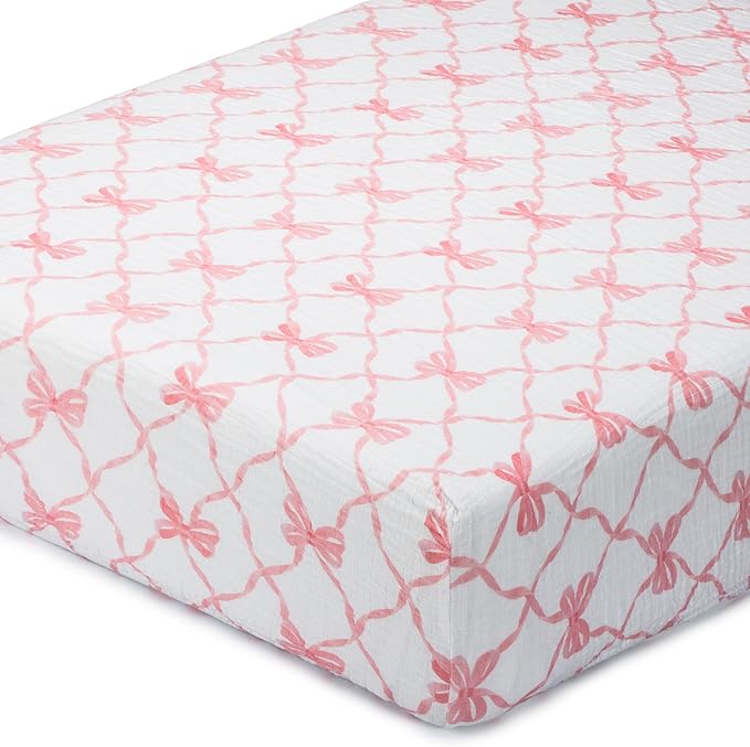 LollyBanks Muslin Crib Sheet 1 Pack, Soft and Breathable 100% Cotton Crib Fitted Sheets for Girls, Cozy and Snug Baby Sheet for Standard 52"x28" Mattress, Baby Bedding Essentials (Pink Bow Print)
