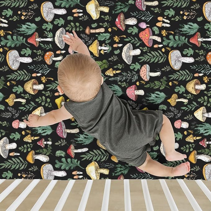 Colorful Mushrooms Green Leaves Baby Crib Sheets for Boy Girl 28"x52" Fall Mushroom Soft Stretchy Fitted Crib Mattress Cover Autumn Baby Sheet for Standard Crib & Toddler Mattress Pad
