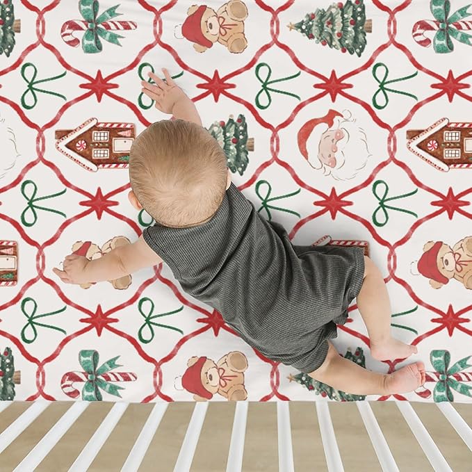 Red and Green Christmas Stripe Baby Crib Sheets for Boy Girl 28"x52" Bear Santa Trees Bows Candy Soft Snug Fitted Crib Mattress Cover Winter Holiday Baby Sheet for Crib & Toddler Bed Mattresses