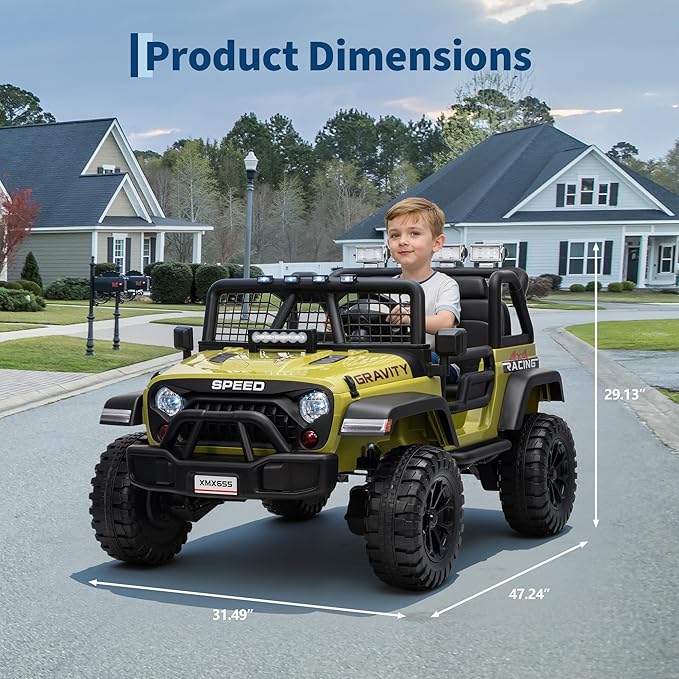 24V 2-Seater Kids Electric Truck with Parent Remote Control, 100Min Ride-on Car, 4WD Dual Motor, 2 Speeds, Spring Shock Absorber, LED Headlights, Siblings Gift Kids Electric Vehicle, Green