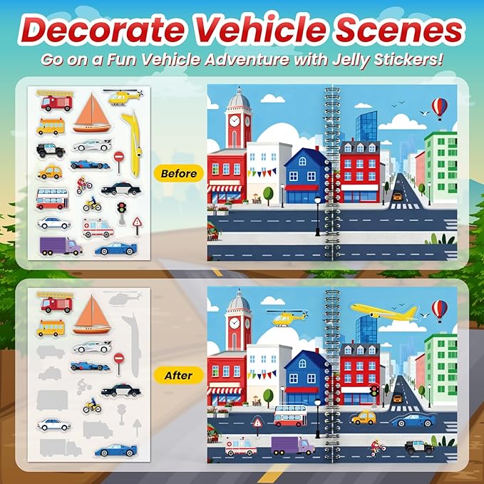 Cars Reusable Sticker Book for Toddlers, DIY Make-a-face Fun Jelly Stickers, Washable Puffy Stickers for Kids Toys, Airplane Road Trip Travel Activities Essentials for Kids 3 4 5 Years