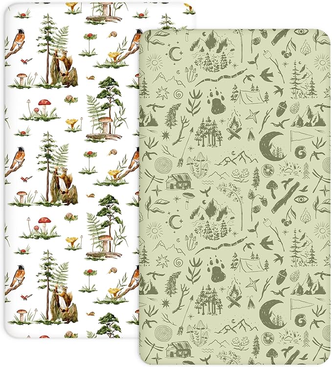 Pack and Play Sheets 2 Pack, Fitted Jersey Knit Mini Crib Sheets for Baby Boys and Girls, Compatible with Graco Pack N Play and Mini Crib Mattress (Bear Tracks, Pack N Play/Mini Crib Sheets)