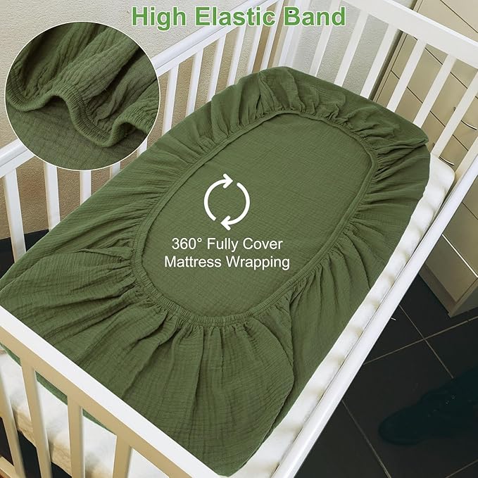 2 Pack Olive Green Muslin Crib Sheets for Boys & Girl- Neutral Breathable Cotton Crib Mattress Sheets Fitted for Standard 28"x 52"- Nursery Décor No Slip Crib Bed Sheets