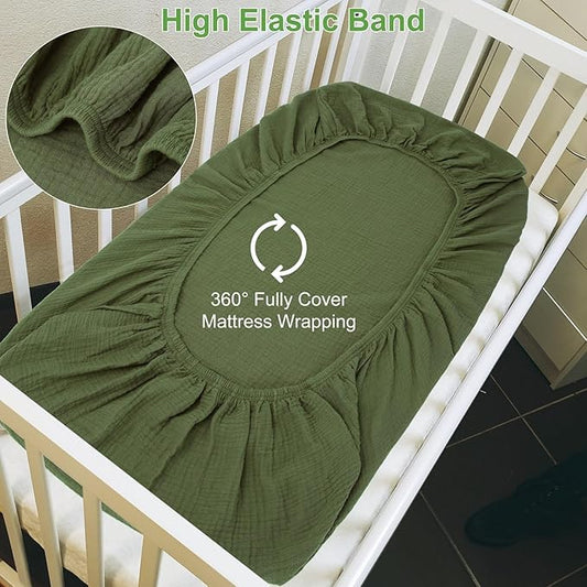 2 Pack Olive Green Muslin Crib Sheets for Boys & Girl- Neutral Breathable Cotton Crib Mattress Sheets Fitted for Standard 28"x 52"- Nursery Décor No Slip Crib Bed Sheets