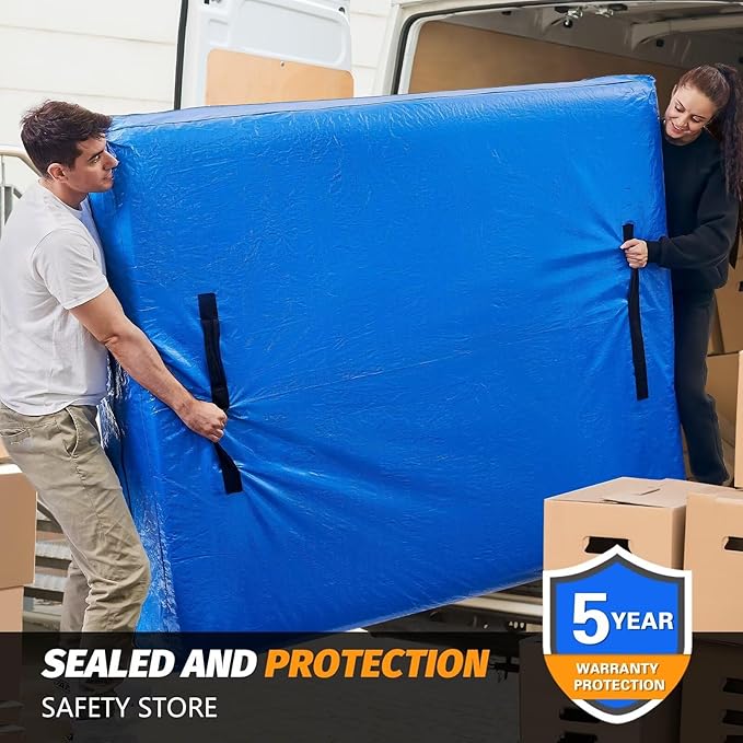 Mattress Bags for Moving, BETU Mattress Protector Waterproof Mattress Cover Cal King Size Storage Bags with 8 Heavy-Duty Handles and Zipper for Bed Extra Thick Large Reusable (86"x75"x15" Blue)