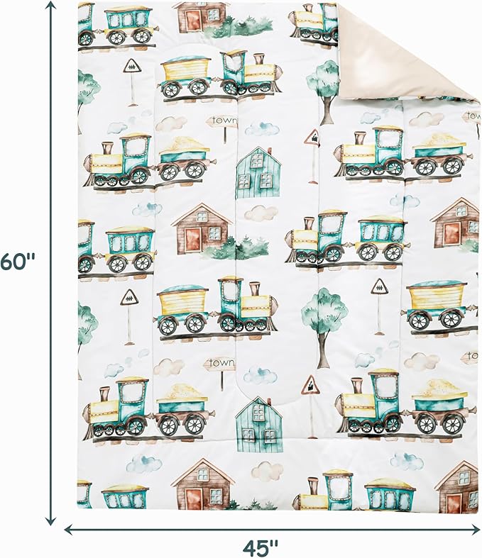 Mooreeke 4 Pieces Toddler Bedding Set - Brown Country Train Town Toddler Comforter Sets for Boys, Includes Comforter, Flat Sheet, Fitted Sheet and Pillowcase, Bed in A Bag for Baby Bedroom