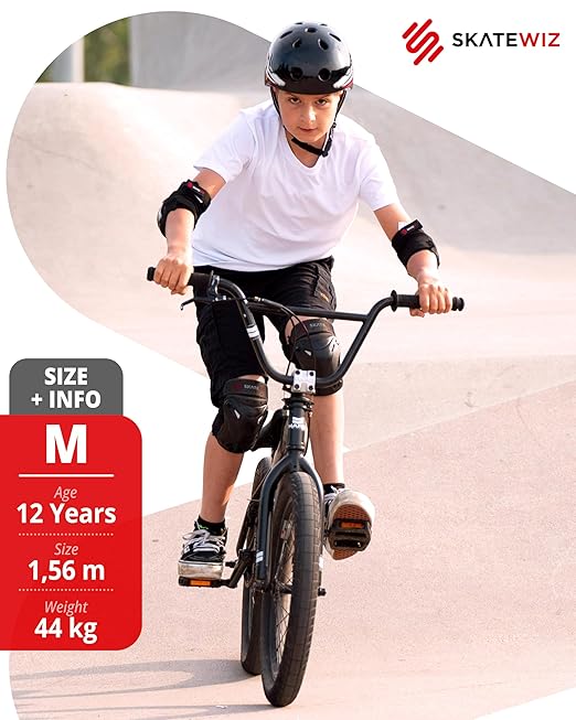 SKATEWIZ Knee Pads for Kids - Knee and Elbow Pads Set - PROTECT-1 - Size M Black - Wrist Guards Skating Protective Gear, Skateboard, Roller Skate, Ice Skates For Kids